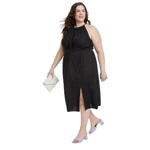 Ava & Viv Womens Midi Sheath Dress Size 2X Black Linen Sleeveless Classic LBD